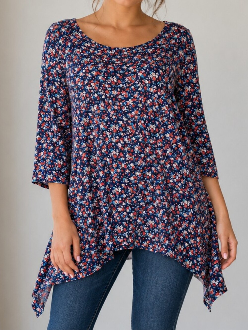 Women's Navy Floral Handkerchief Hem Top